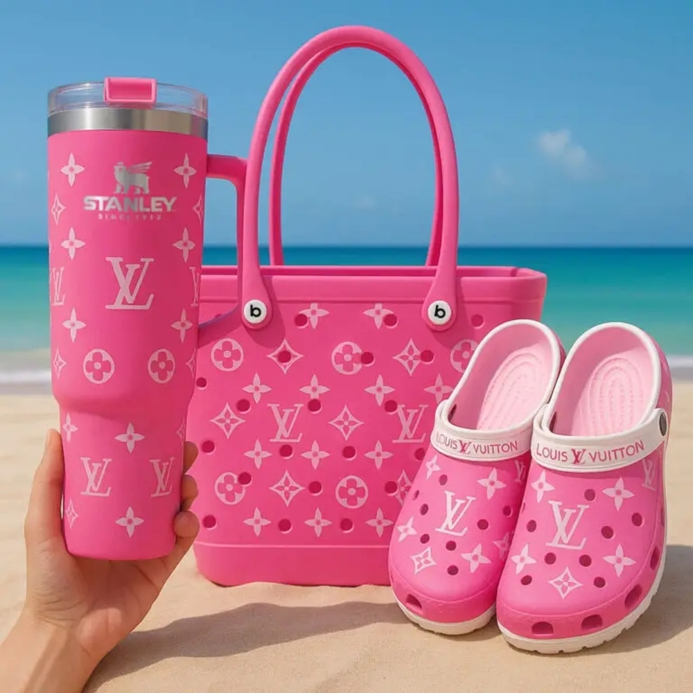 Pink Louis Vuitton Tote, Tumbler, and Clogs Set